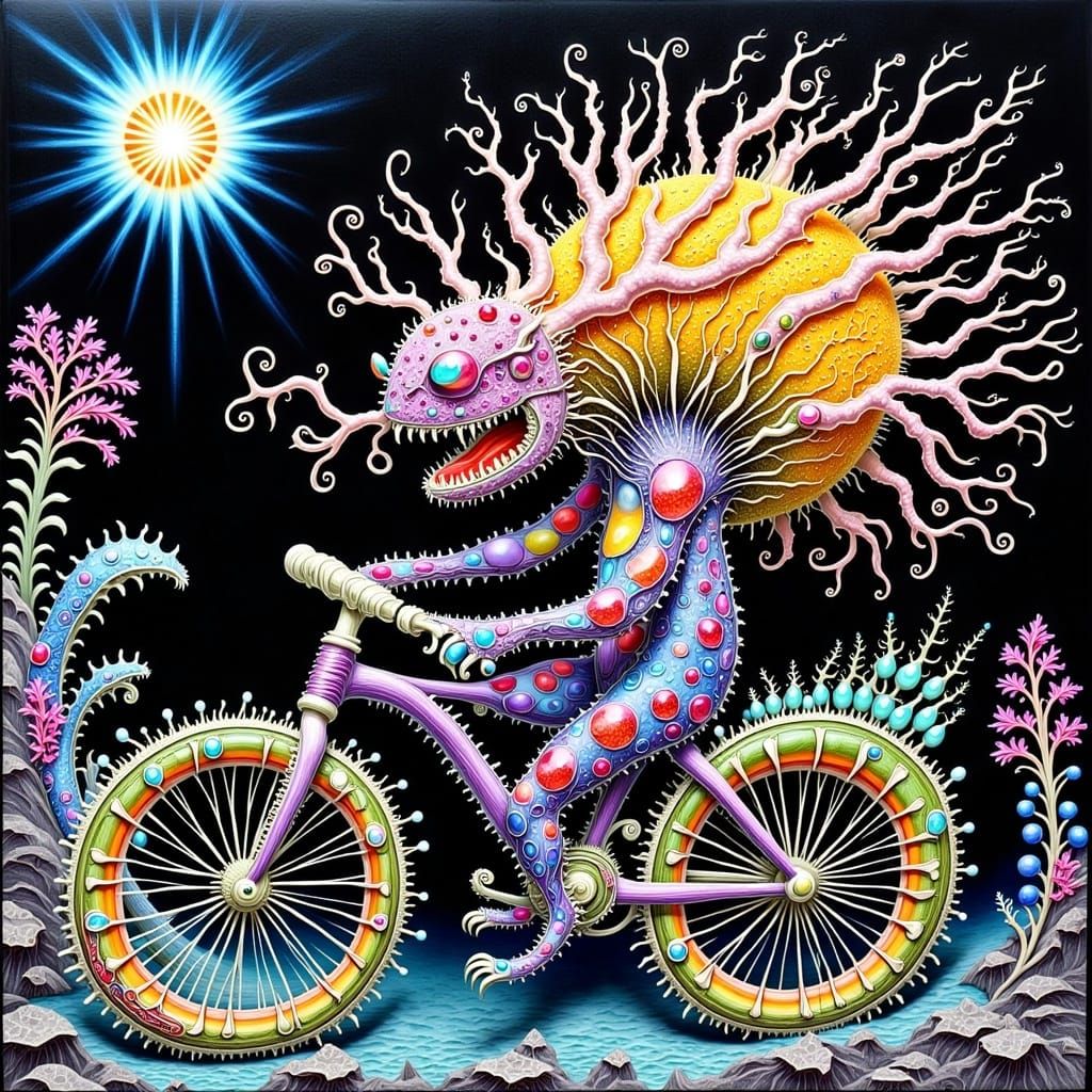 Alien Cyclist: Intricate Ink and Watercolor Art