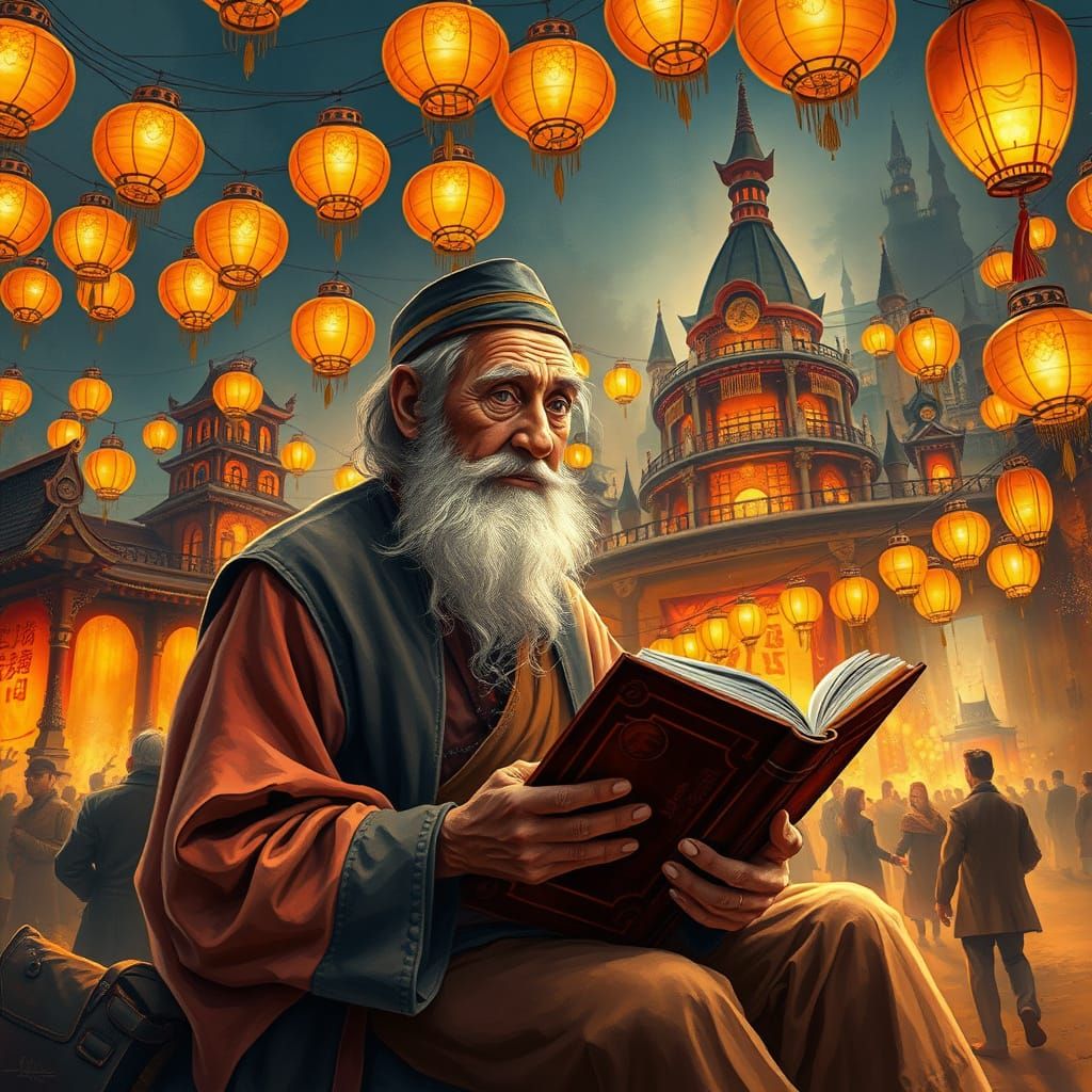 Old Man Reading by Lanterns at Festival