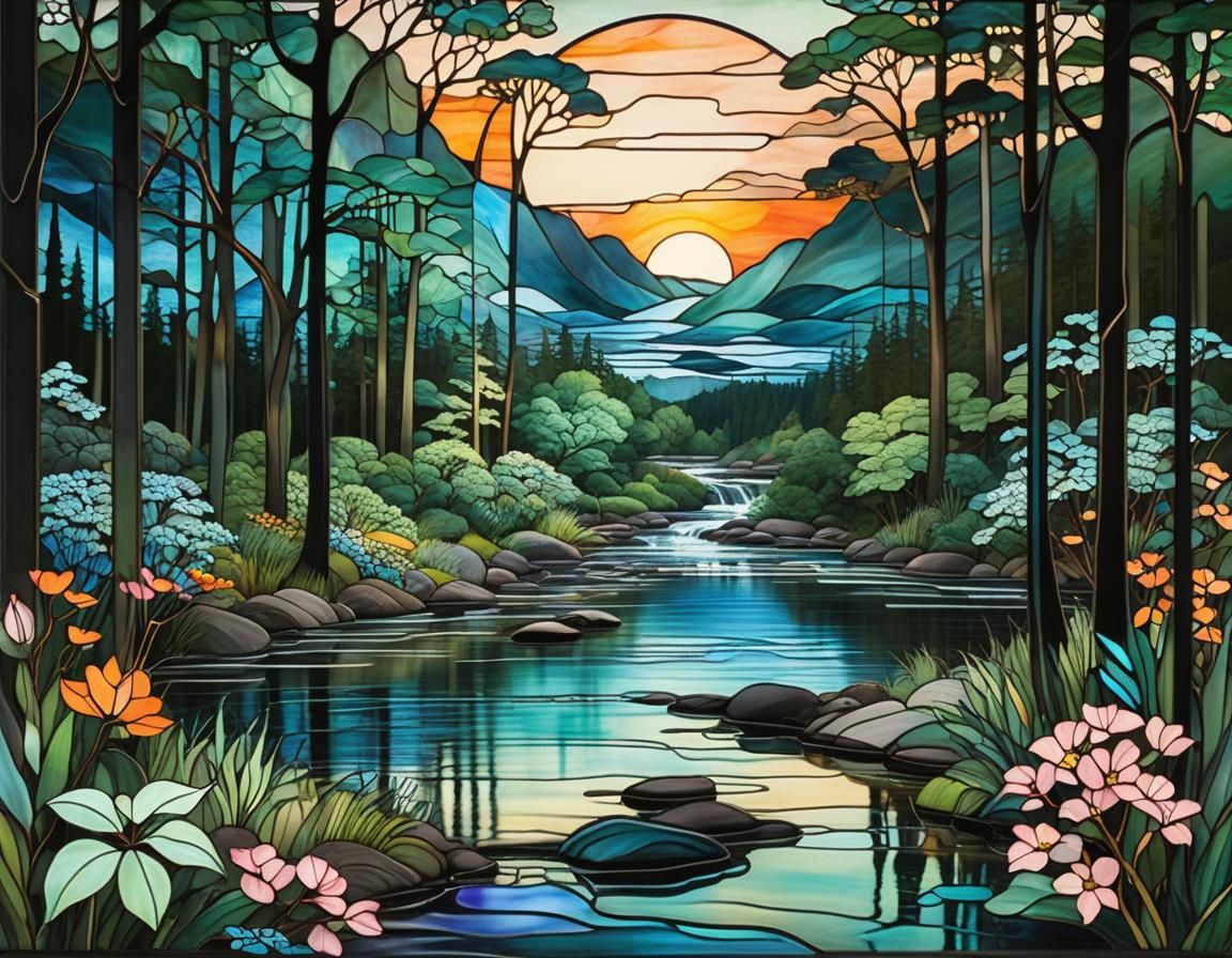 Stained Glass River Scene in Mackintosh Style