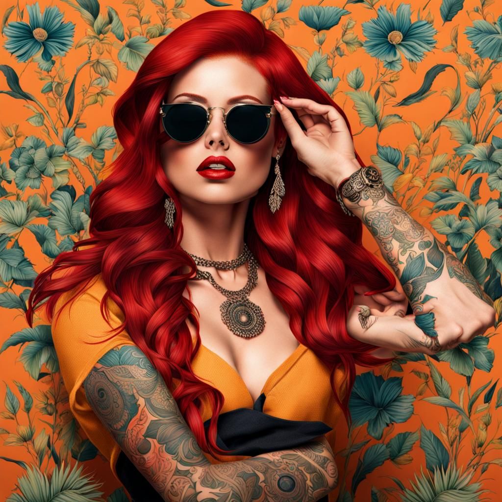 Red-Haired Woman with Tattoos and Sunglasses