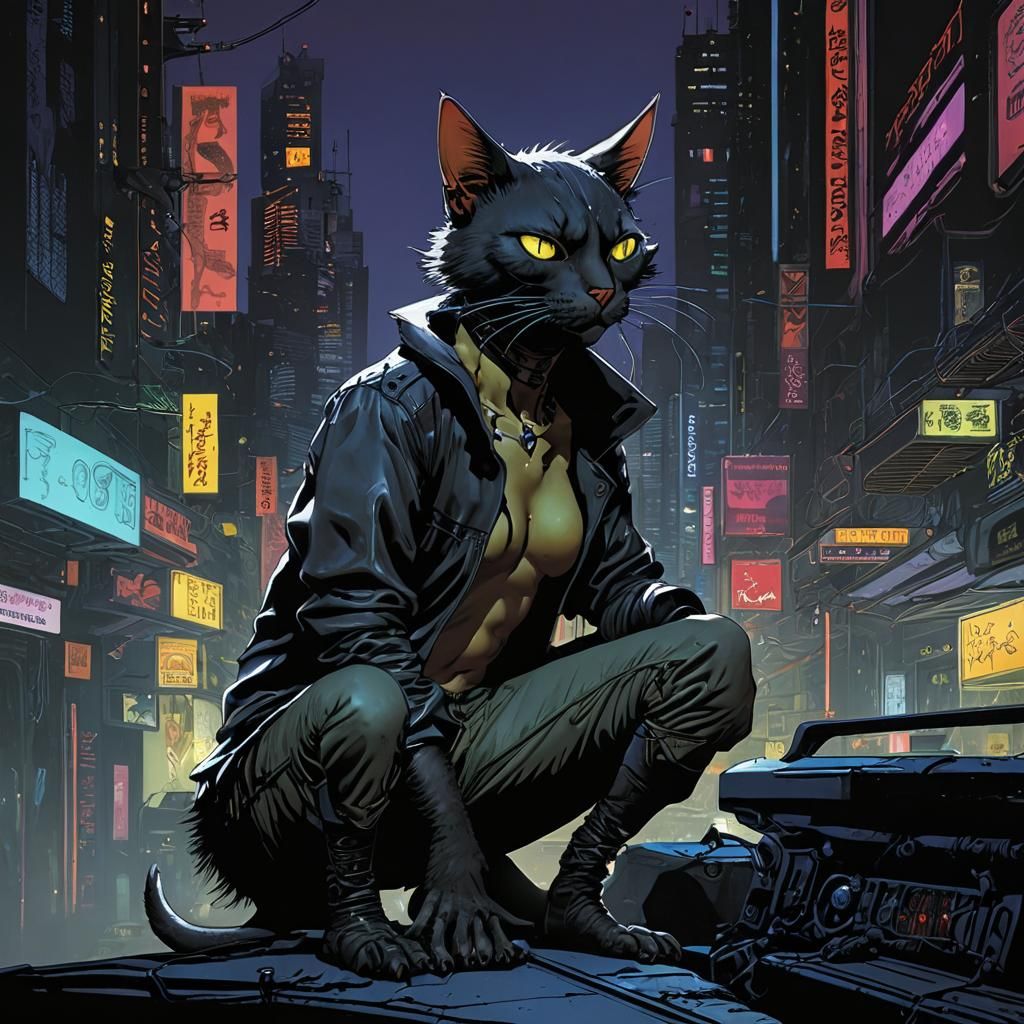 Cyberpunk Stray Cybercat in Neo-Noir Style