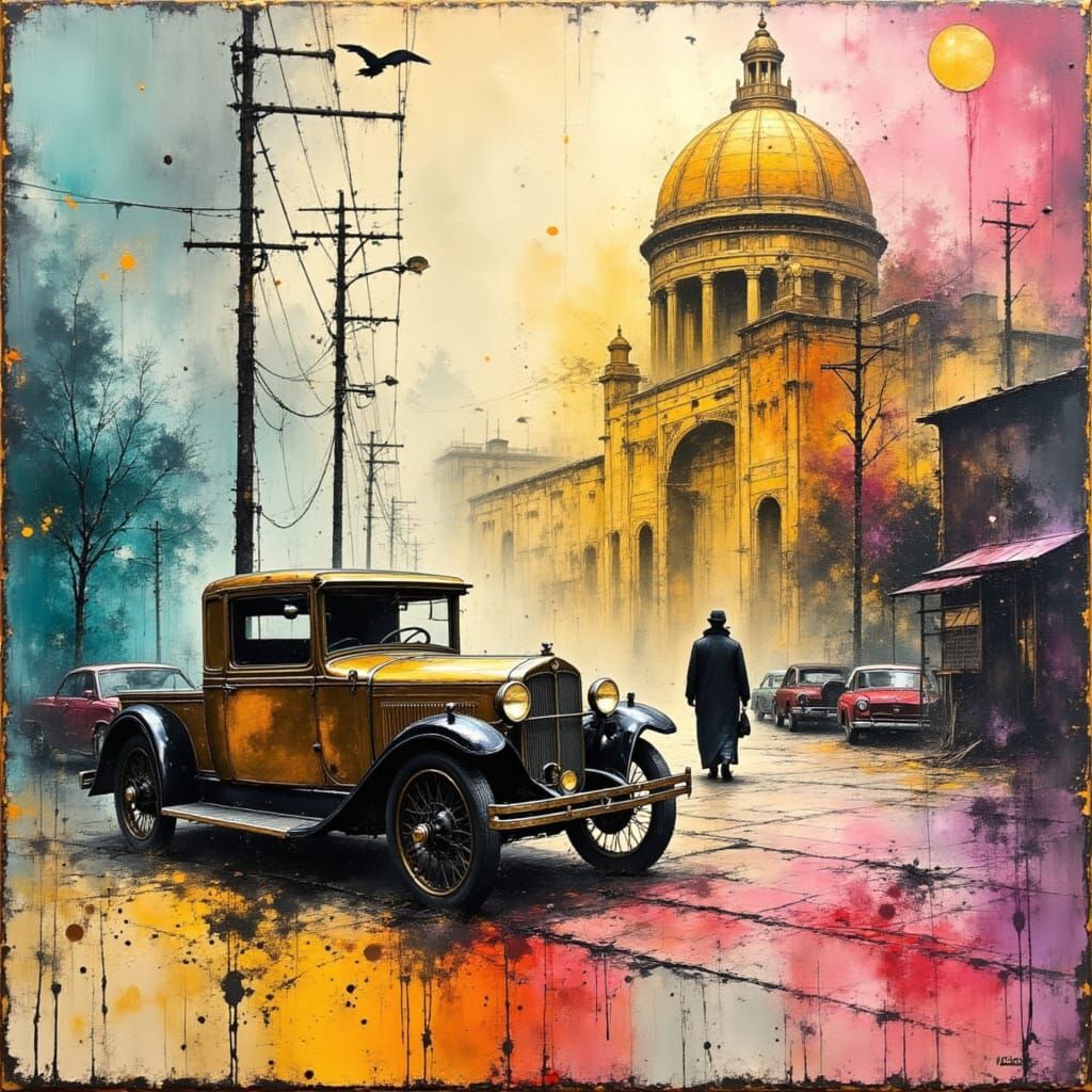 Vintage Car in 1920s Street Scene as Impasto Painting