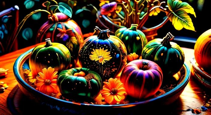 Glowing Gourds in Autumn Scene, Surrealist Painting