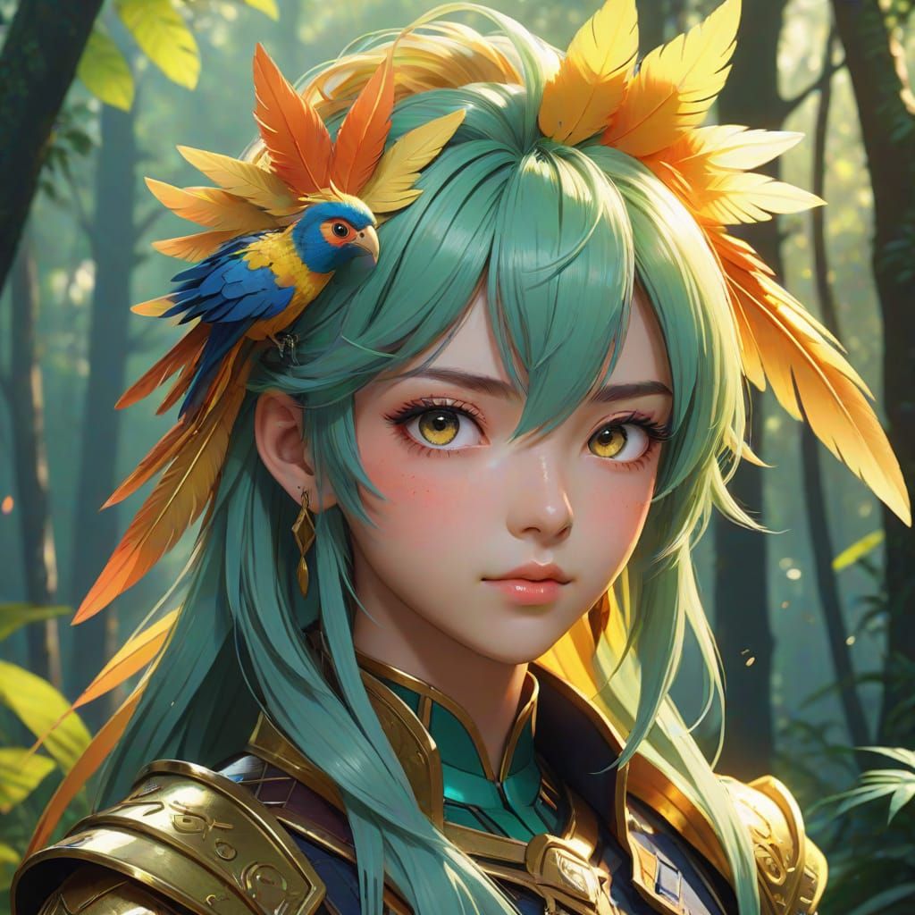 Anime Parrot Portrait in Tropical Forest at Dawn