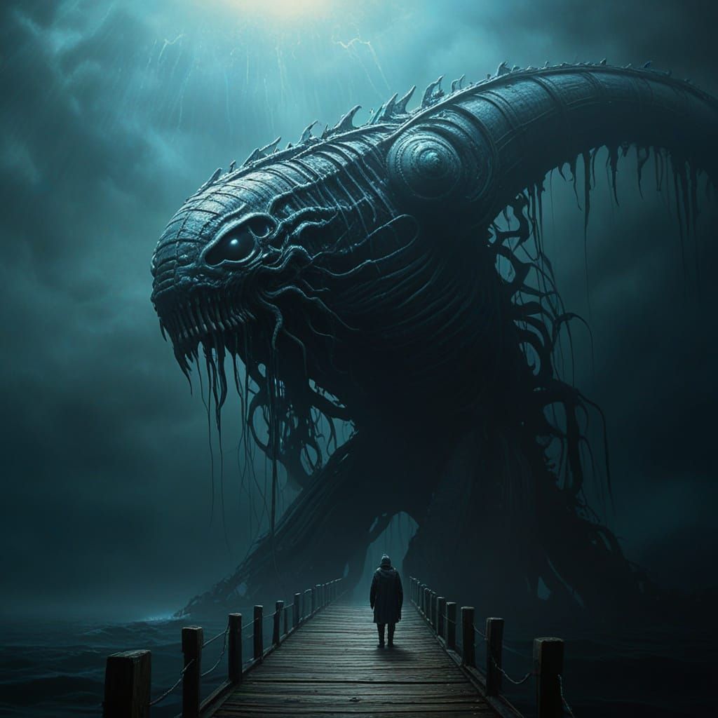 Surreal Horror Concept Art Depicts a Towering Serpentine Cre...