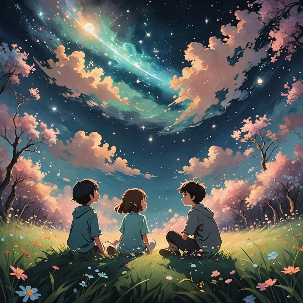 Magical Night Sky Dreamscape in Miyazaki Style