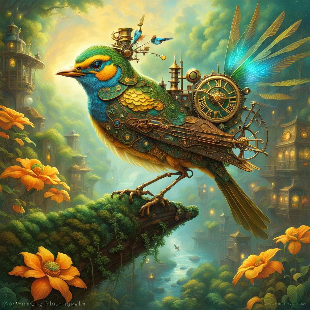 Steampunk Clockwork Bird in Ethereal Fantasy Landscape