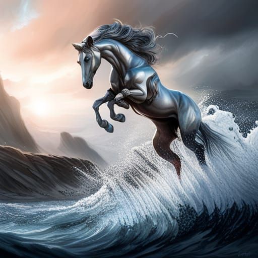 Steel Horse Leaps from Ocean: Photorealistic Art