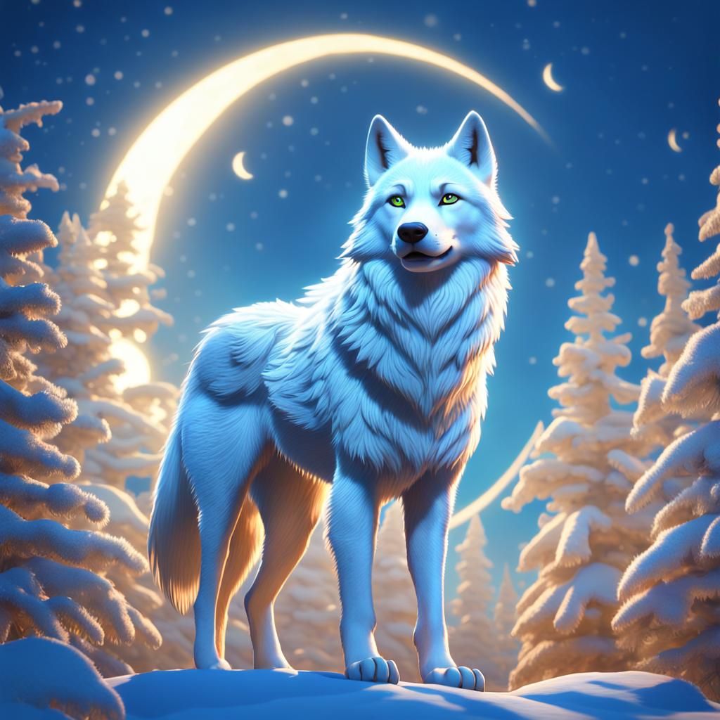 White-Winged Wolf in Moonlight: 3D Digital Art