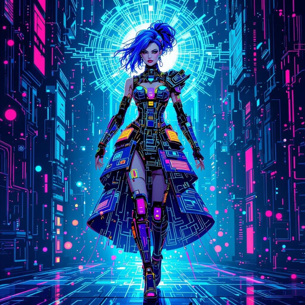Cyberpunk Queen in Neon City, Comic Book Art