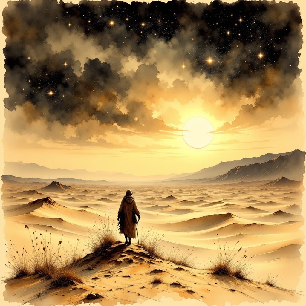 Sahara Desert Dawn: Explorer's Sketch in Sepia Tones