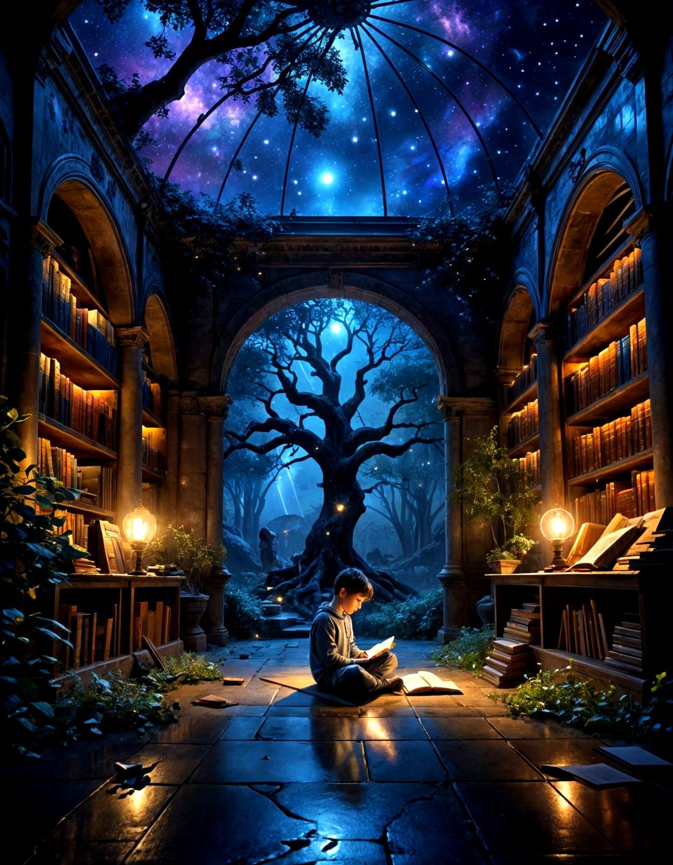 Boy Reading in Starry Library Dreamscape