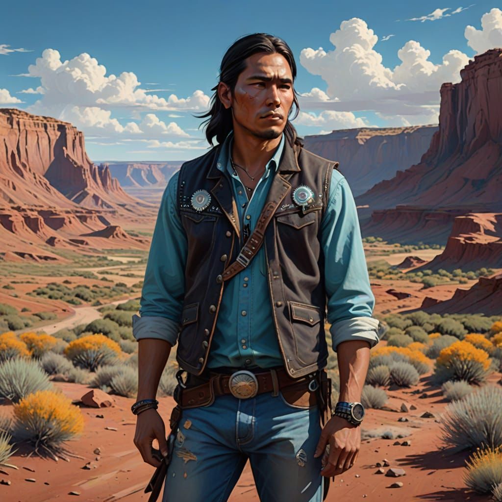 Native American Hero in Rust-Red Badlands Canyon