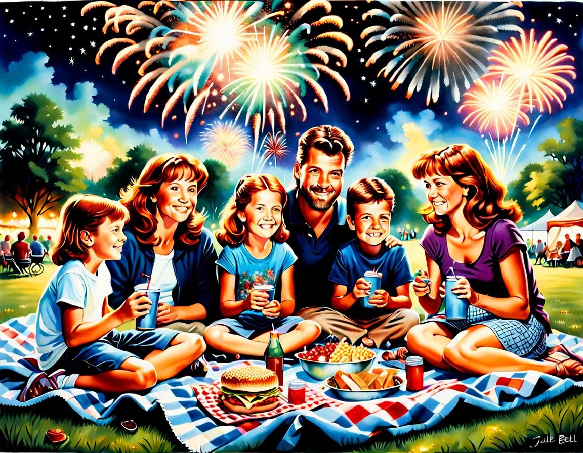 Family Picnic Under Fireworks, Airbrush Style