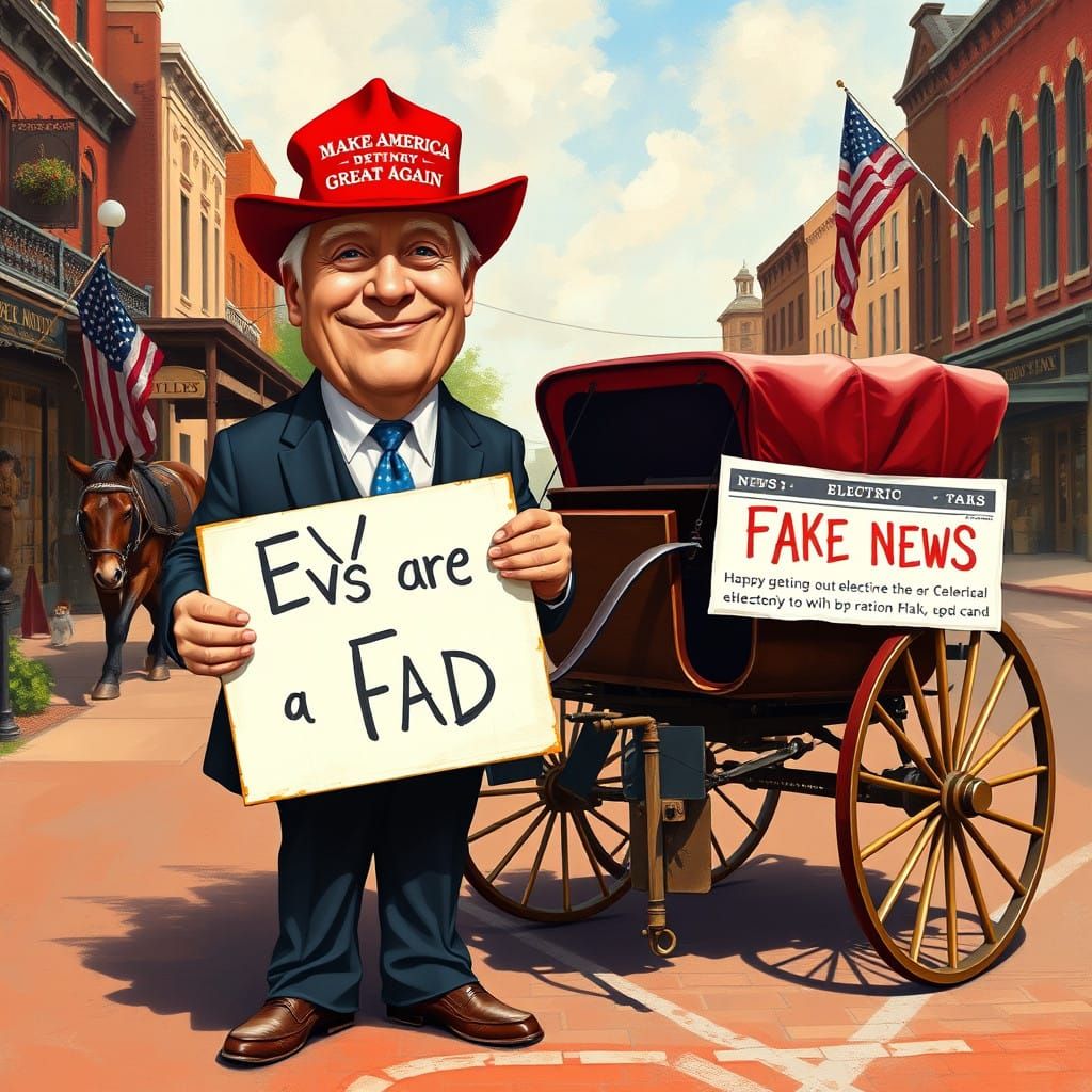 Satirical Retro Ad of MAGA Supporter and Horse Buggy, Poking...
