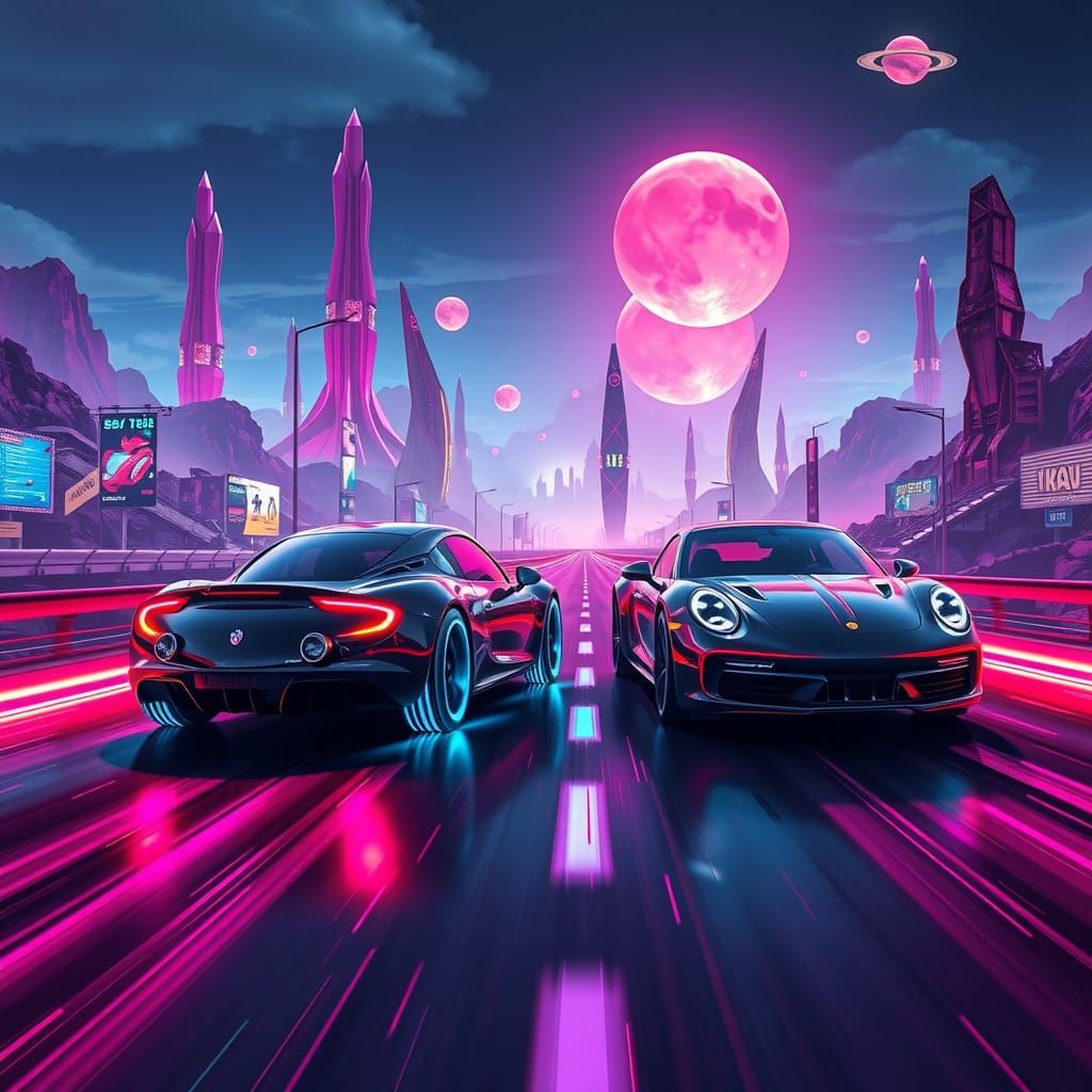 Racing across a Neon-Lit Futuristic Highway