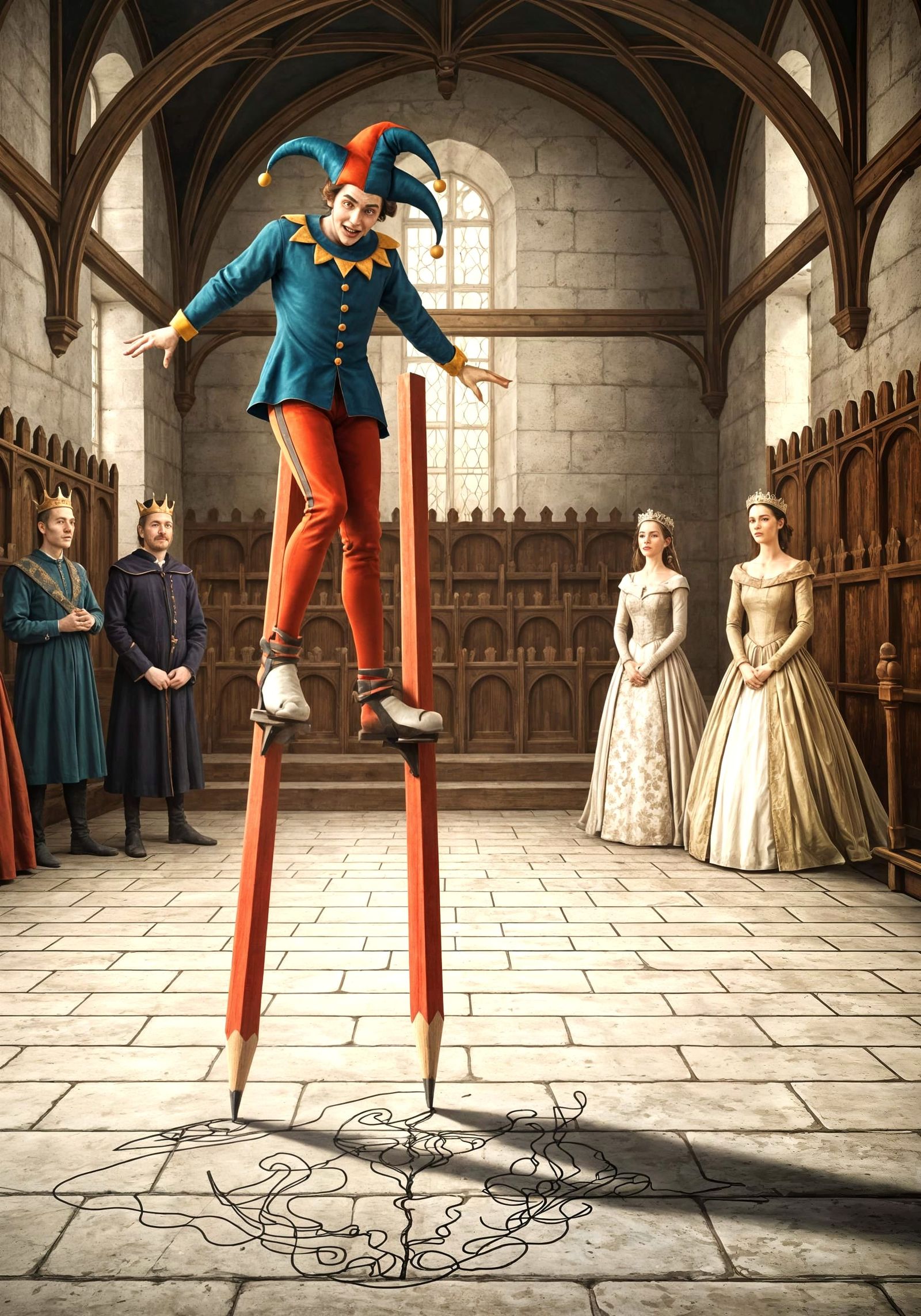 Jester on Pencil Stilts in Surreal Castle