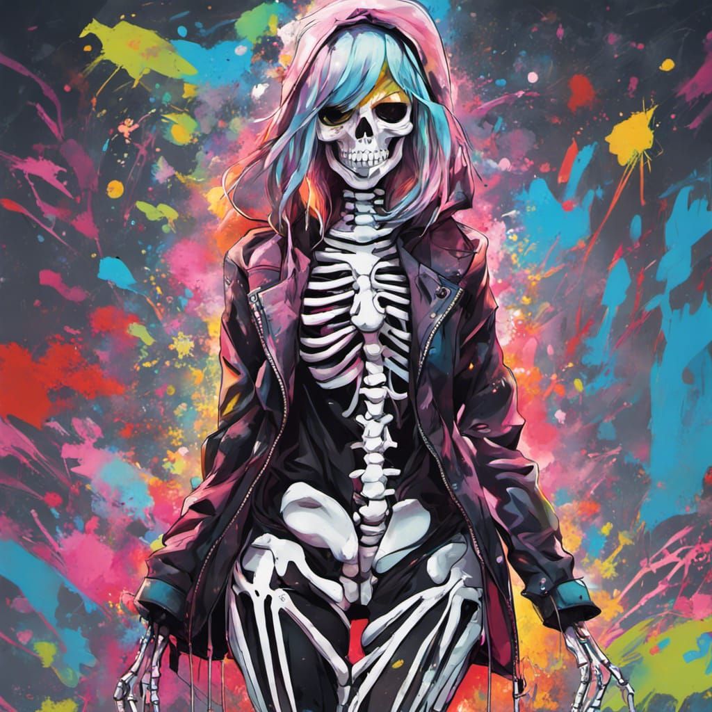 Anime Skeleton Girl in Graffiti Street Art Style