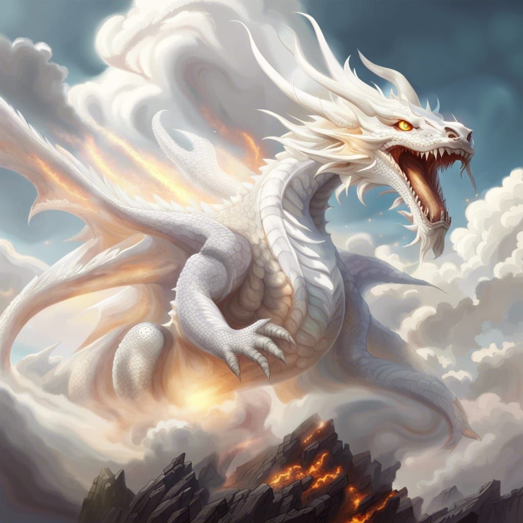 Luminous White Dragon Breathing Fire on Planet