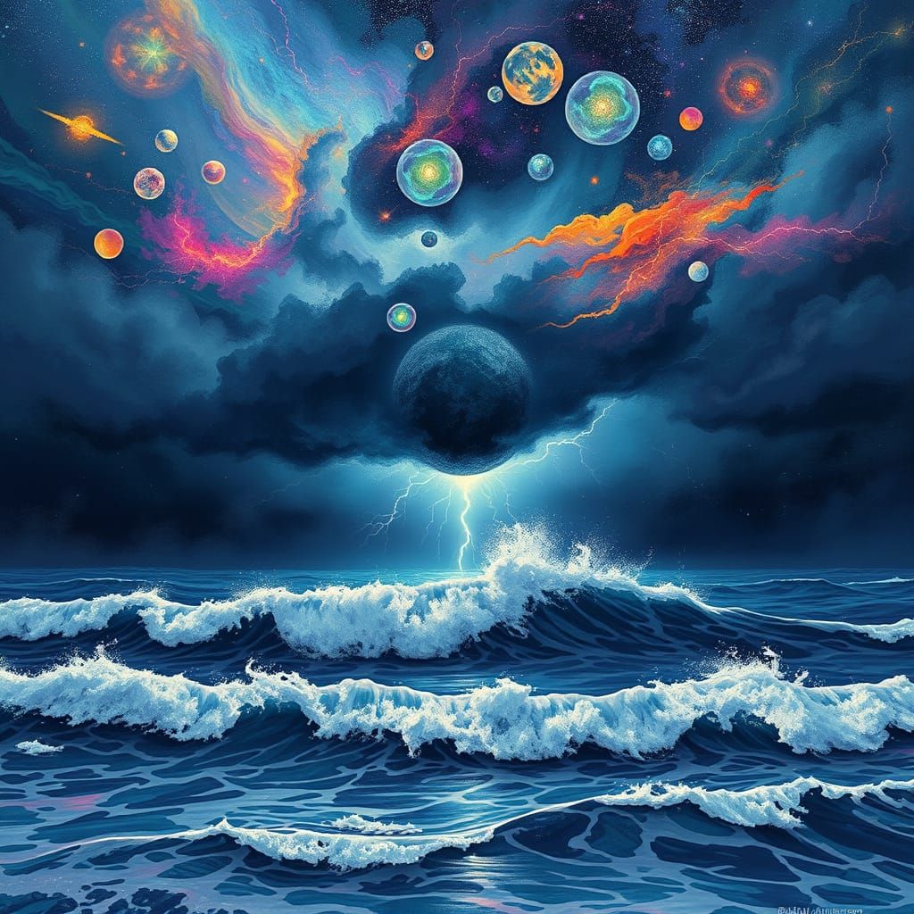 Mystical Cosmic Storm Unfolds Above Turbulent Ocean