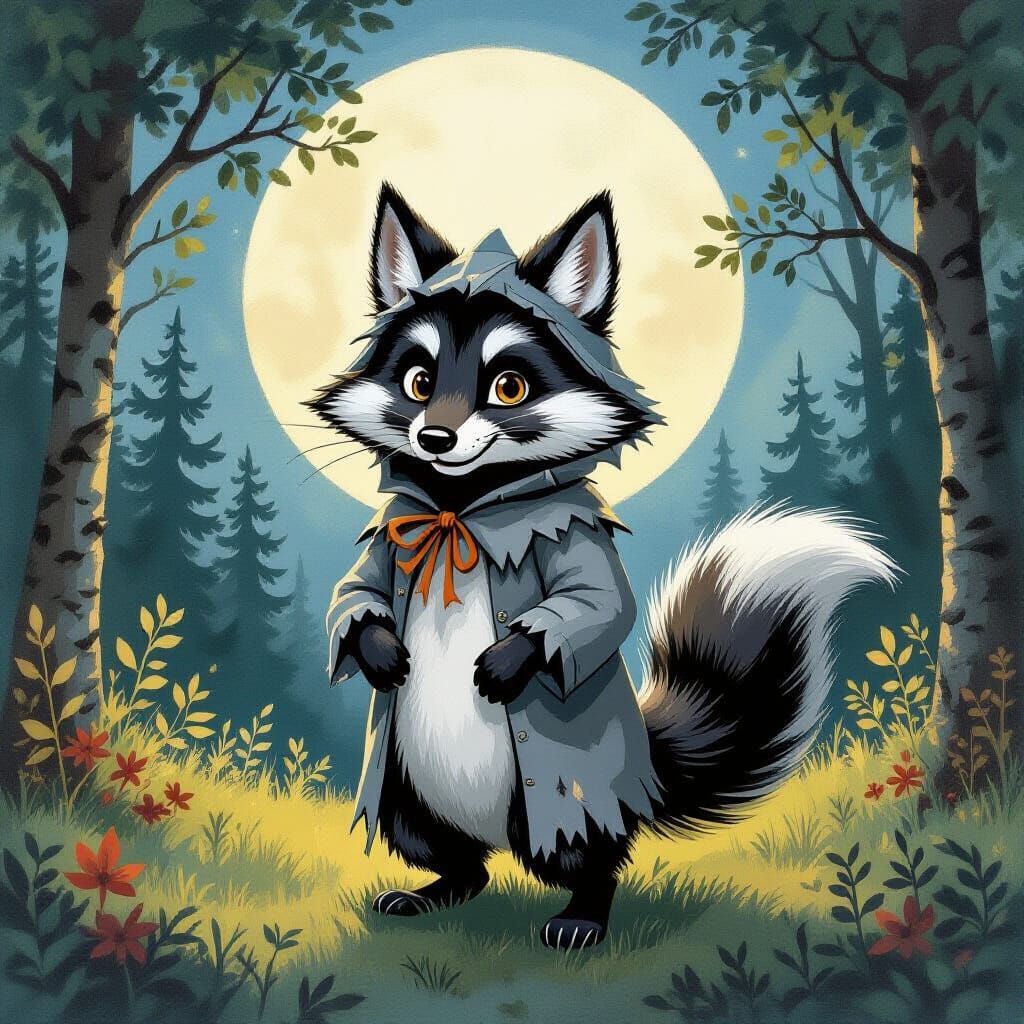 Skunk Dressed as Wolf in Moonlit Forest