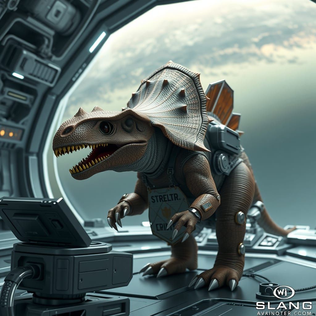 Triceratops Customs Officer on Jupiter in Spacecore Style