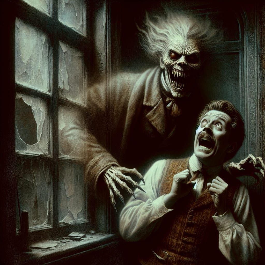 Ghostly Apparition in Gothic Home: Horror Oil Painting