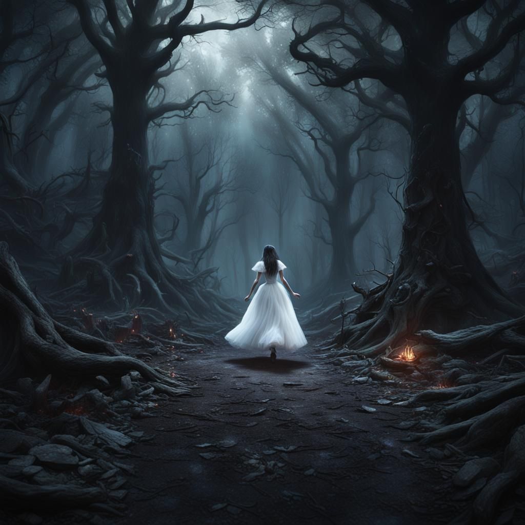 Terrified Girl Running in Dark Fantasy Forest