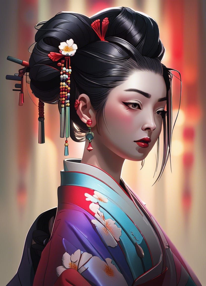 Beautiful Japanese geisha, portrait Hyperrealistic, splash art, concept art, mid shot, intricately detailed, color depth...