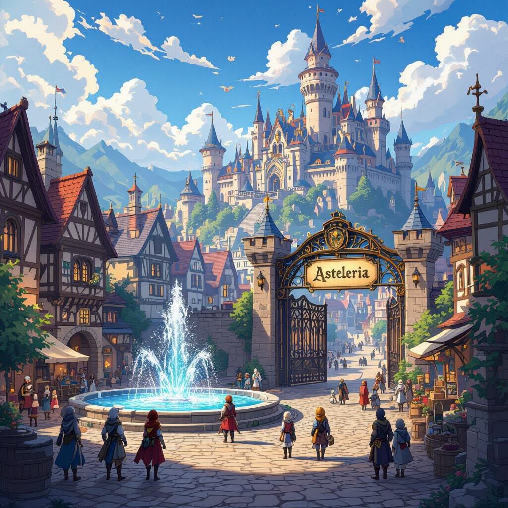 Anime Style Medieval Kingdom with Castle and Fountain