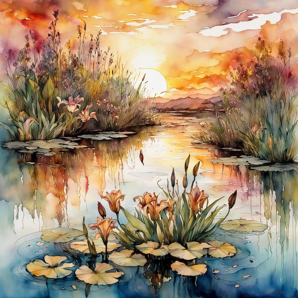 Ethereal Summer Evening on a Serene Pond in Watercolour
