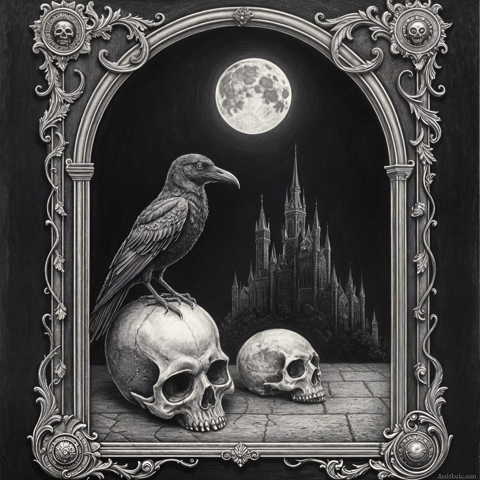 Gothic Victorian Ex Libris with Crow and Skull