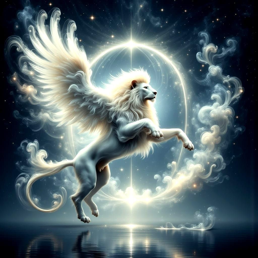 Majestic Winged Lion Flies Through Light Portal