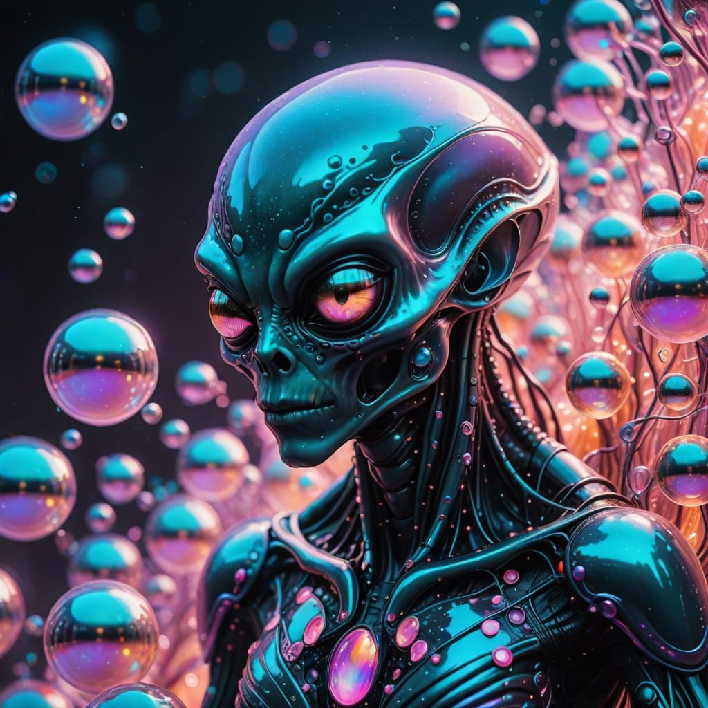 Surreal Alien Enclosed in Iridescent Bubbles