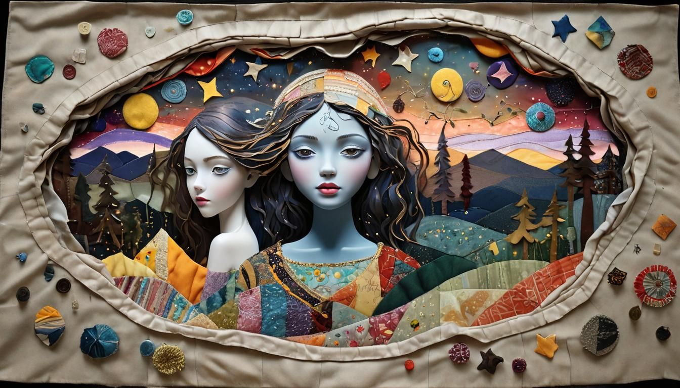 Fabric Patchwork Landscape at Dawn: Digital Art