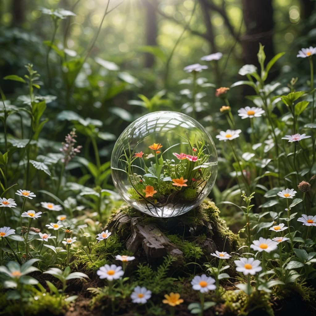 Crystal Orb Terrarium in Lush Forest: Macro Photography