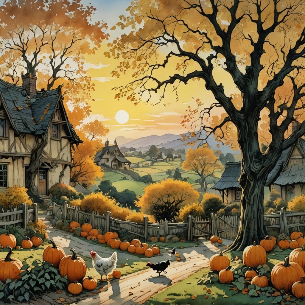 Grandma's Farmhouse: October Sunrise in Watercolor