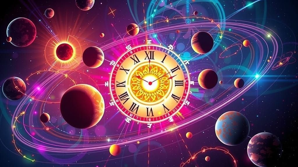 Cosmic Clockwork in Vibrant Bioluminescent Hues