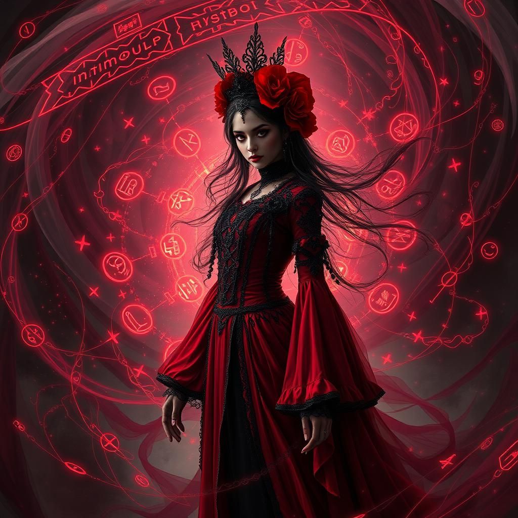 Gothic Girl in Crimson Attire with Swirling Shadows