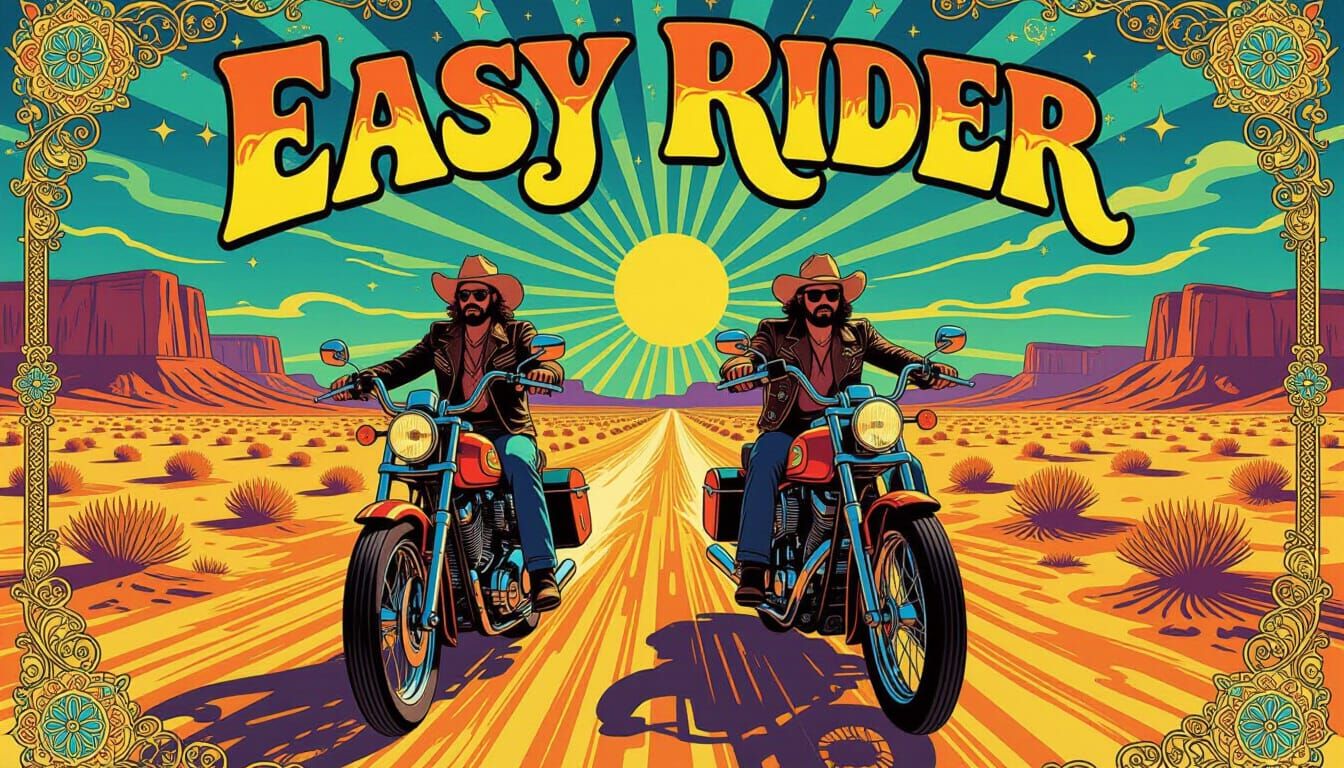 Psychedelic 60s Easy Rider Poster with Victorian Art Nouveau...