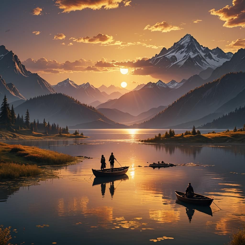 Golden Sunset Lake: Detailed Matte Painting