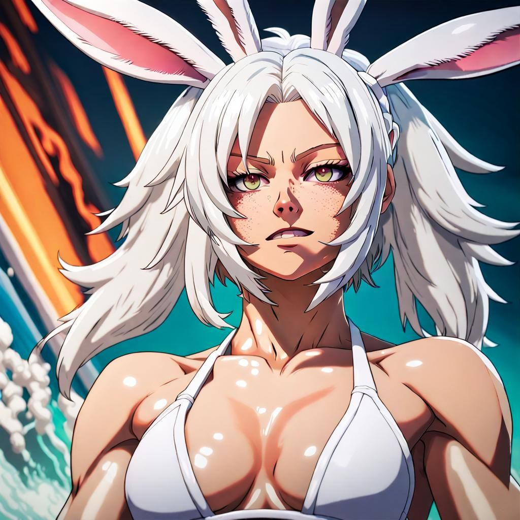 Muscular Woman with Bunny Ears in Hyperrealistic Style