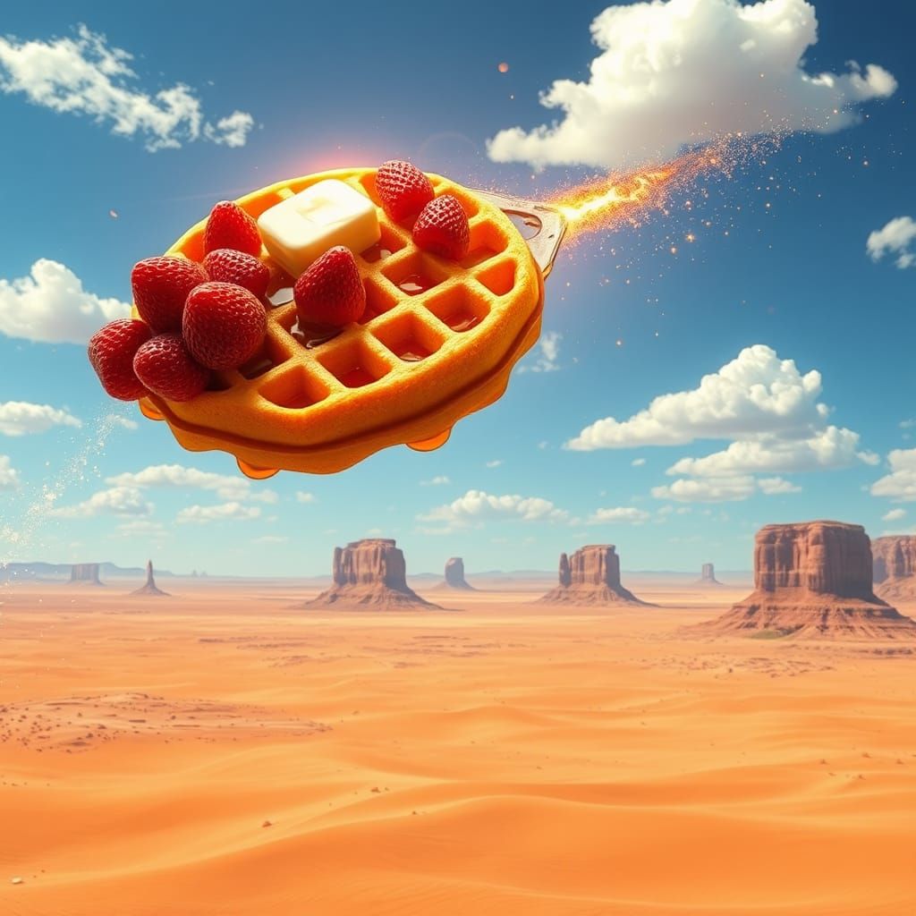 Honey Waffle Starship Soaring Over Desert Landscape