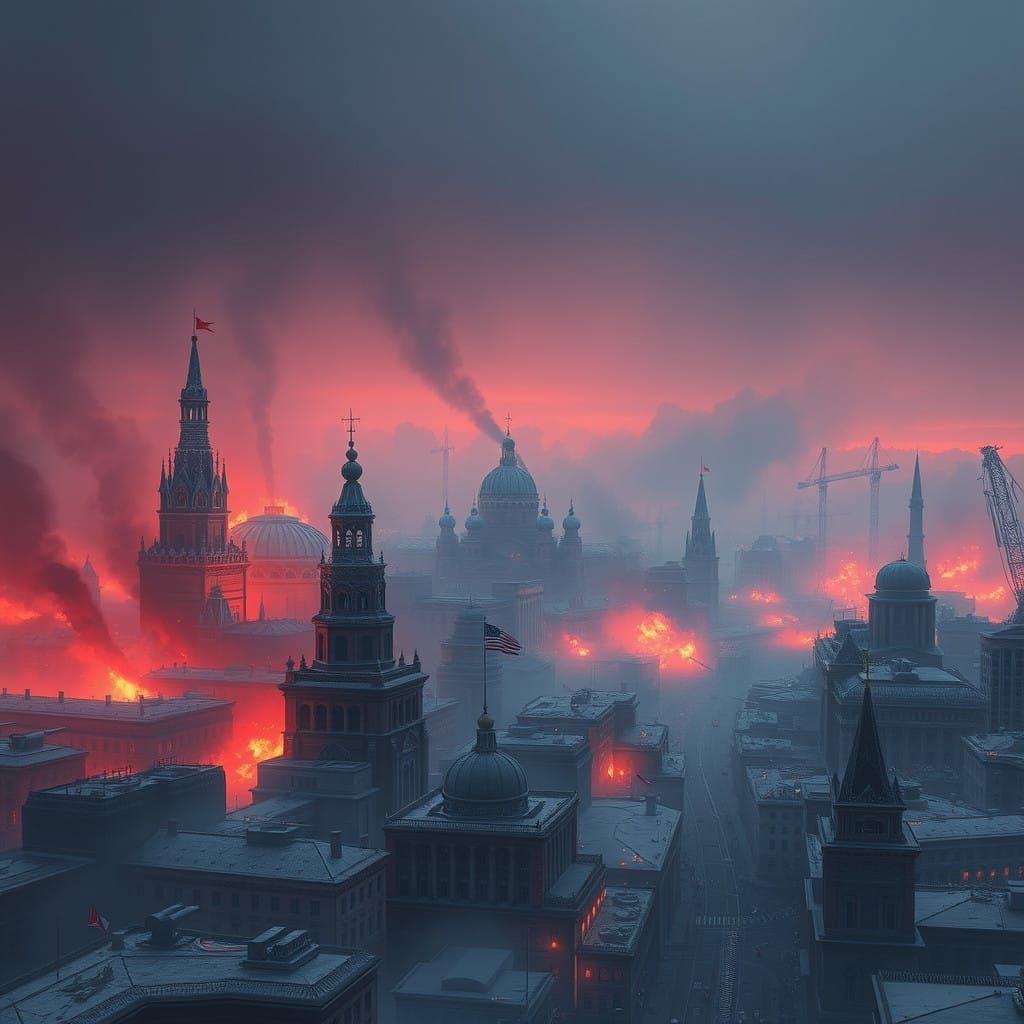 Realistic Battle Scene in War-Torn Moscow in a Cyberpunk Aes...