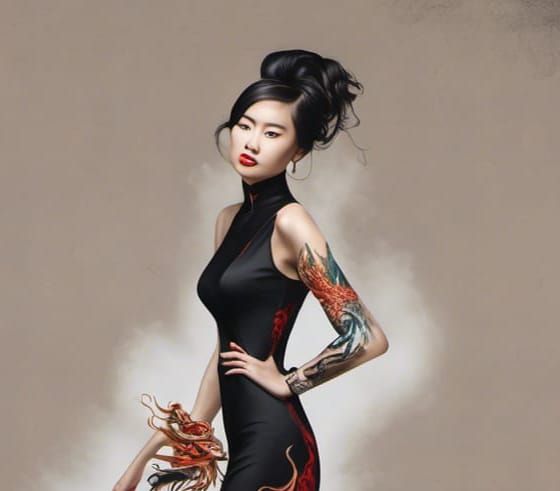 Elegant Woman in Dragon Dress, Graffiti Art Style