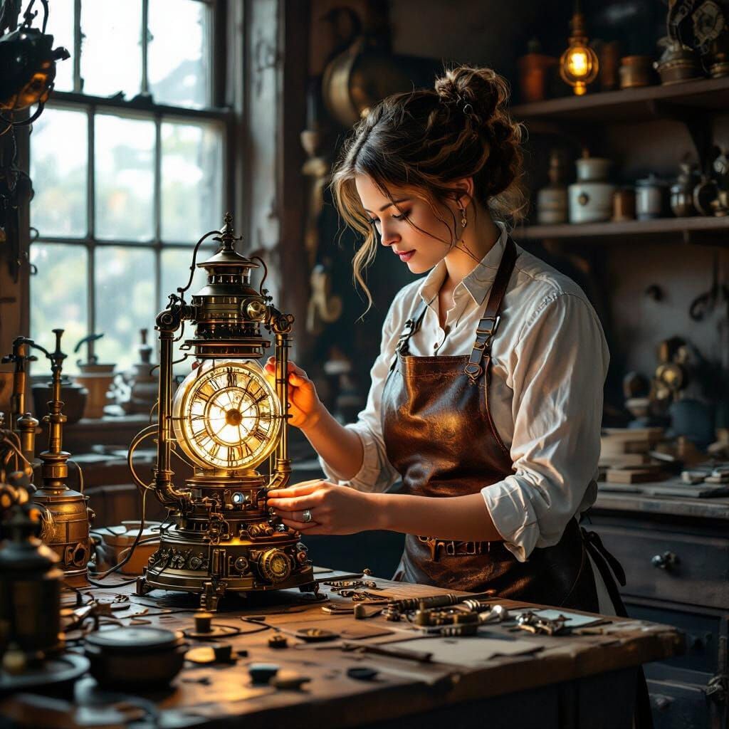Steampunk Housewife Assembling Clockwork Lantern