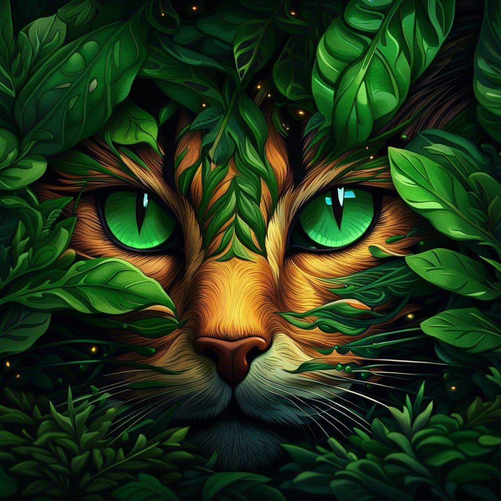 Green-Eyed Cat Peering Through Bush: Matte Painting