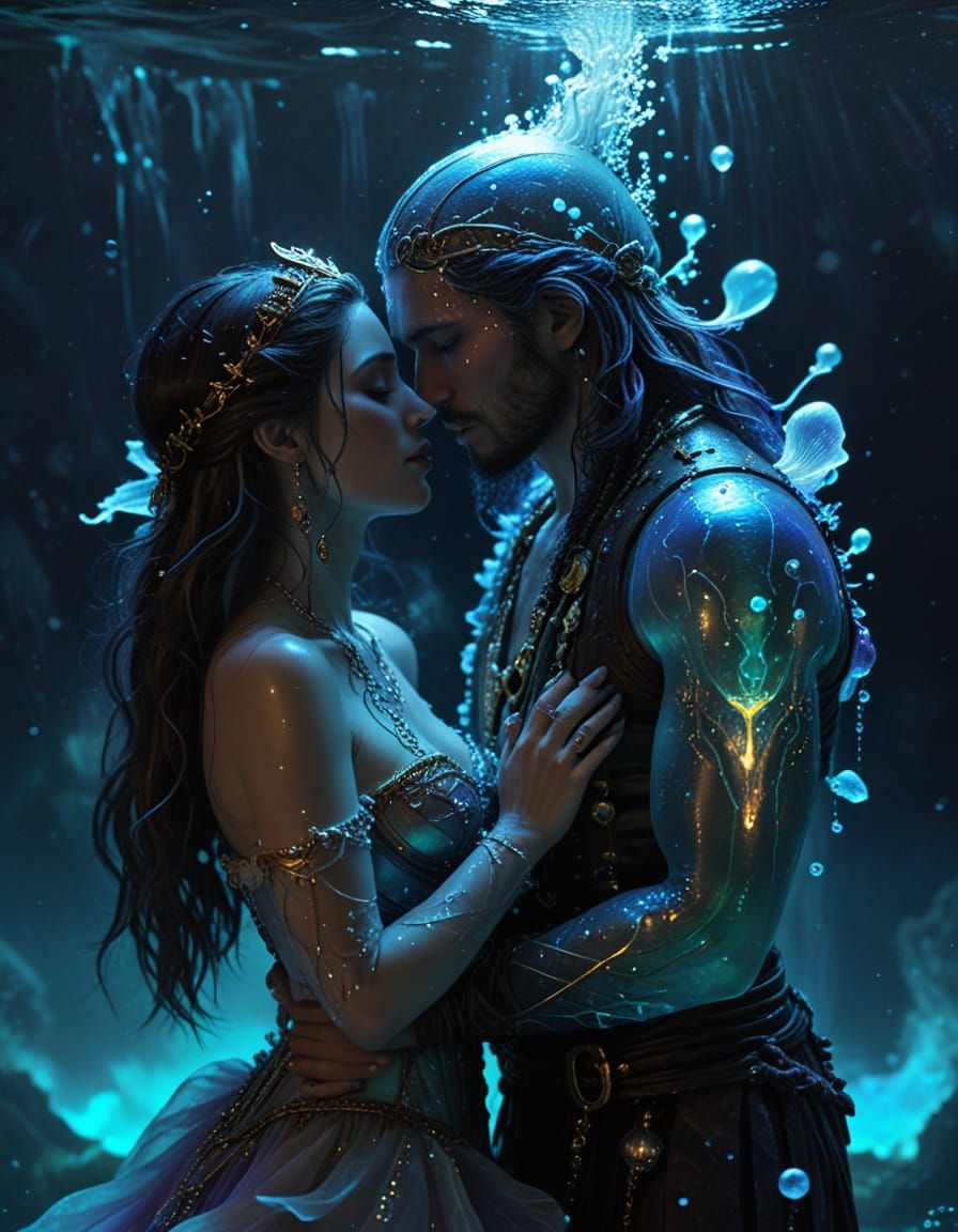 Fantasy Sea God and Siren's Bioluminescent Kiss