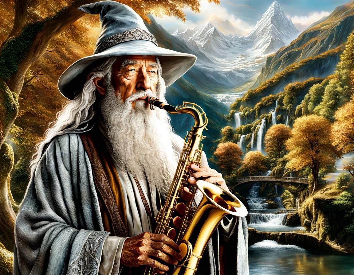 Gandalf Plays Saxophone in Rivendell: Hyperrealistic Portrai...
