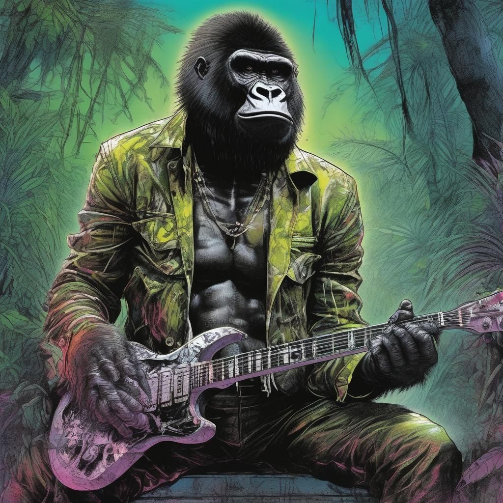 Jungle Gorilla Guitarist in Pen and Ink Style